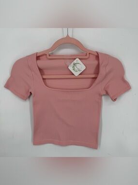 Dynamic Coquette Soft Girl Pink Ribbed Square Neck Fitted Crop Top NWT OSFM
